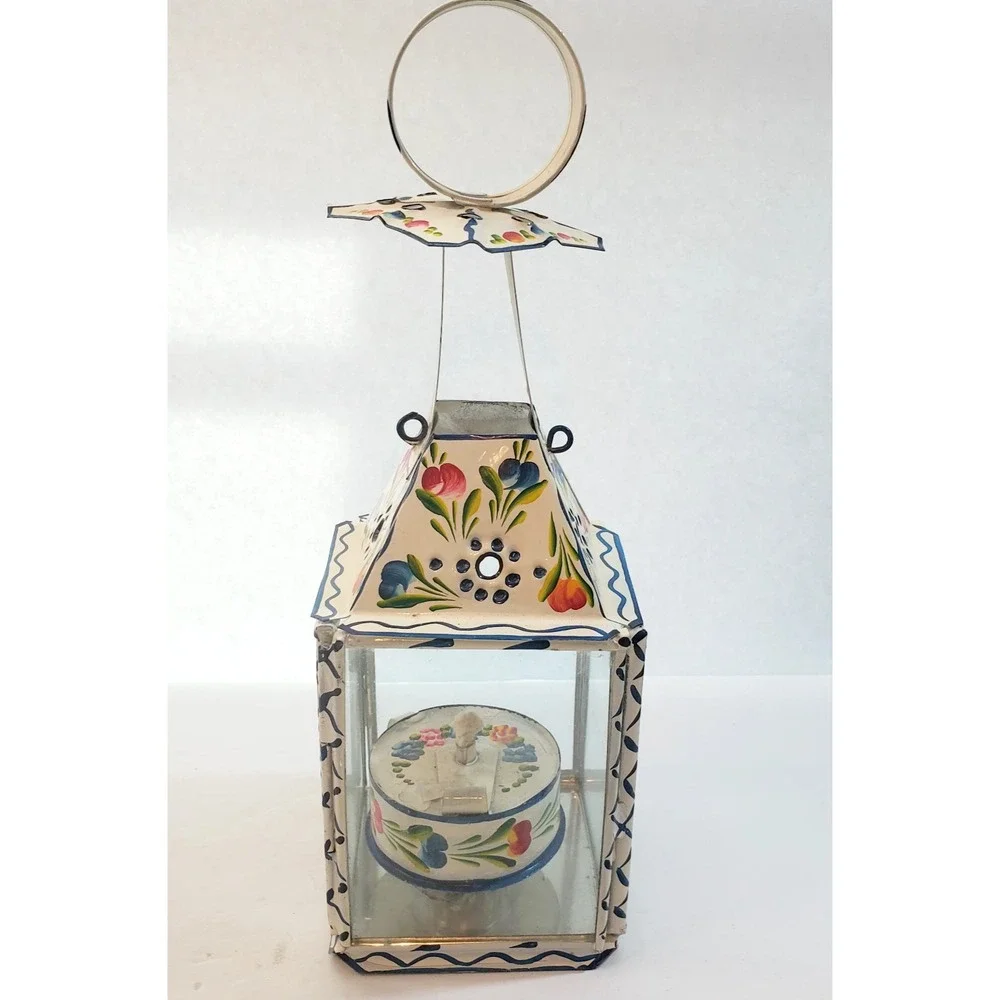 Vintage Primitive Folk Art Tin & Glass Hand Painted Floral Oil Lantern Portugal